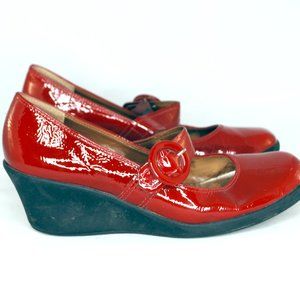 Red leather Mary Jane style wedge heels